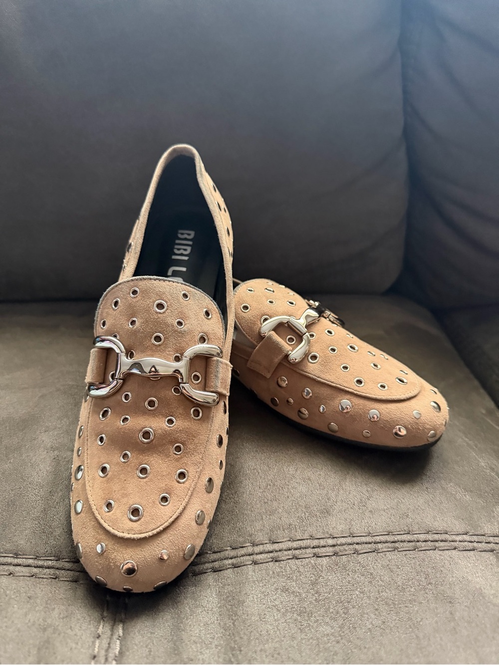 Studded Suede Loafers with Silver Bit Hardware - Tan